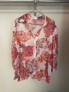 Sheer Floral Button-Up Blouse - Pink Multi